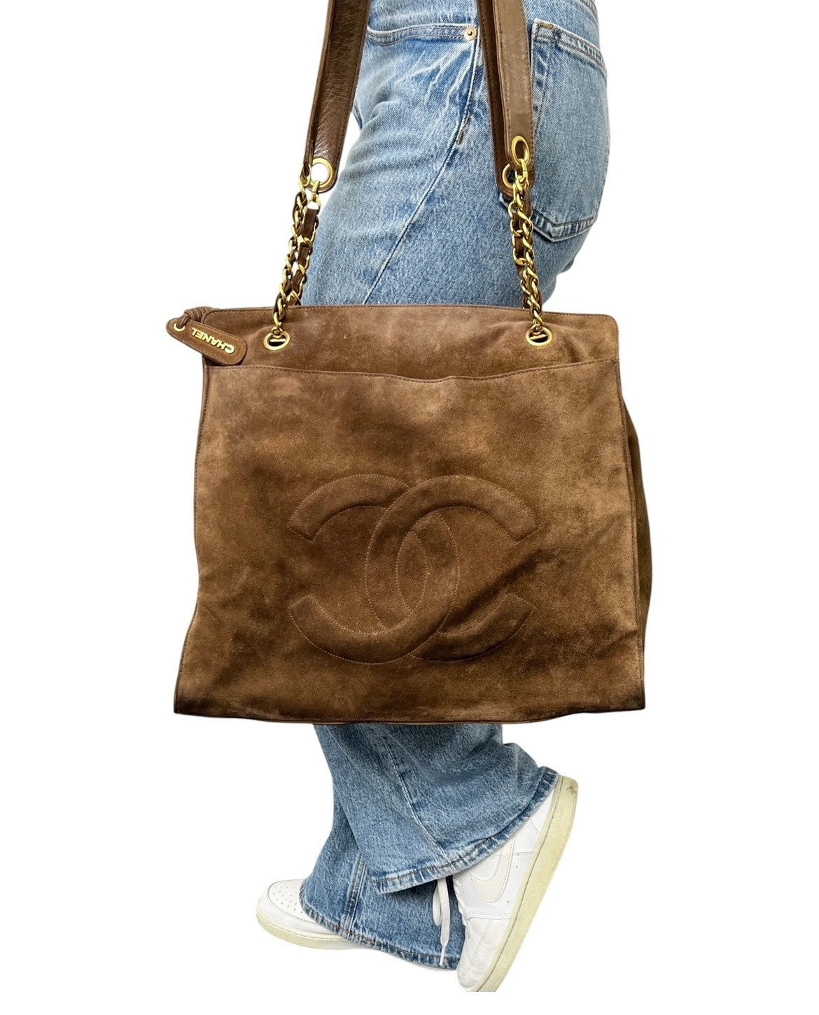 CHANEL Vintage Stitch CC Logo Suede Chain Tote Shoulder Bag Brown 902376