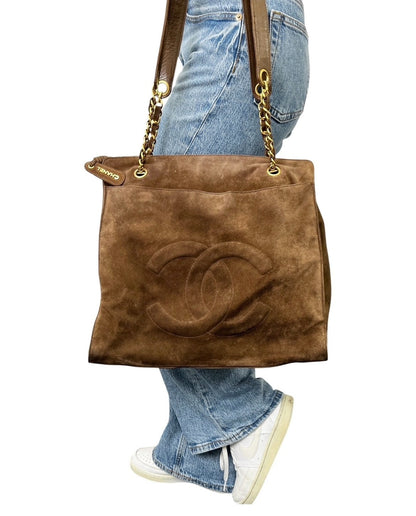 CHANEL Vintage Stitch CC Logo Suede Chain Tote Shoulder Bag Brown 902376