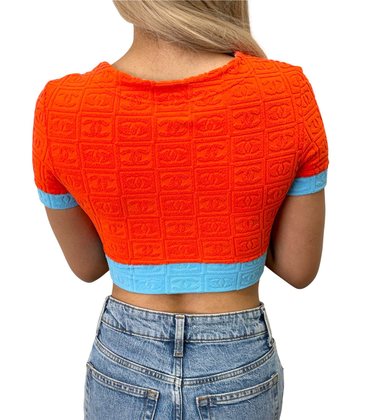 CHANEL Vintage 02S CC Logo Terry Cloth Cropped Zip Top #38 Orange Blue 902836