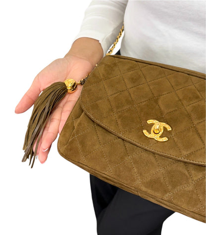 CHANEL Vintage CC Turnlock Quilted Chain Shoulder Bag Brown Gold Suede 902333