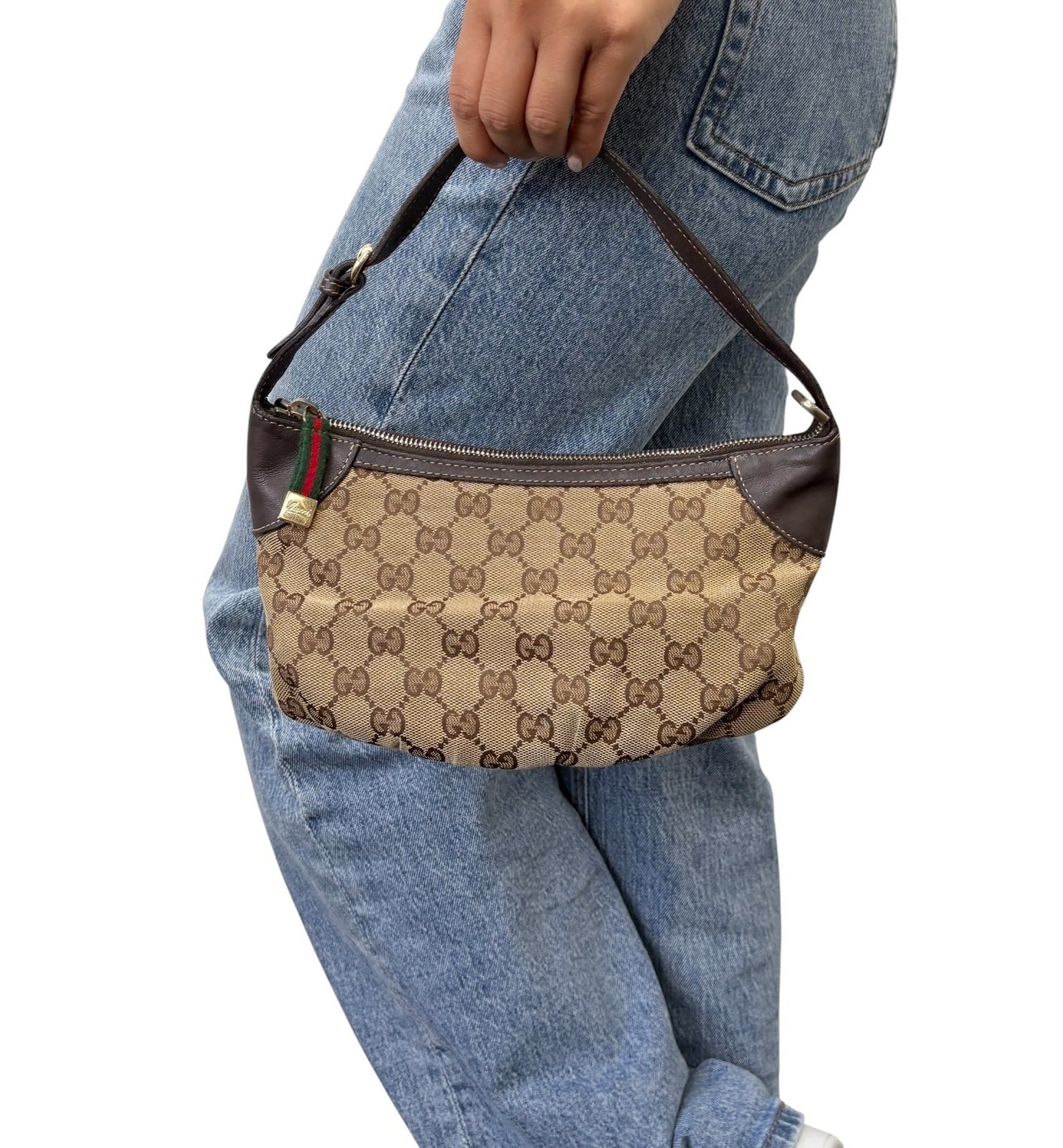 GUCCI Vintage GG Monogram Web Stripe Mini Shoulder Bag Pochette Beige 902417