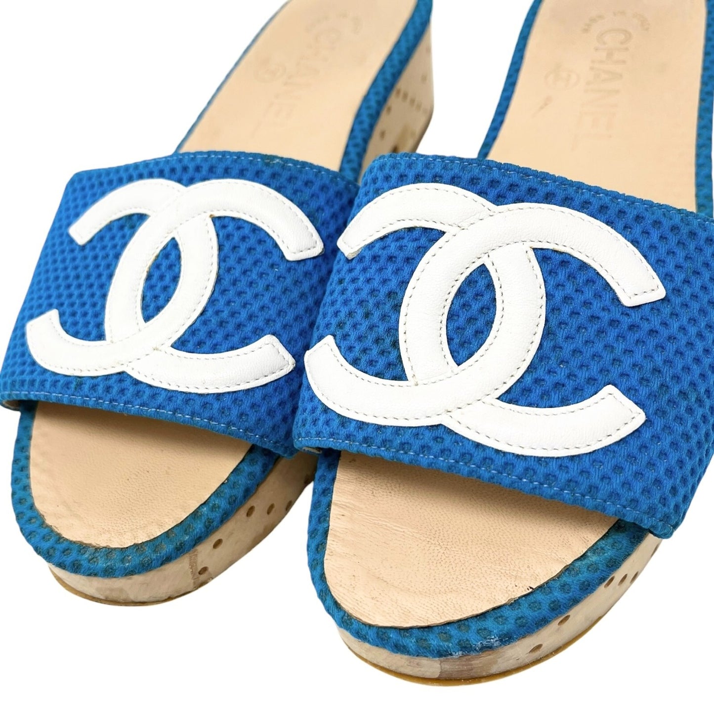 CHANEL Vintage CC Mark Logo Sandals #36.5-37 Mesh Blue White Cotton Leather