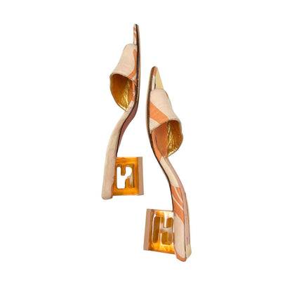 FENDI Vintage FF Logo Psychedelic Print Silk Sandals Heels #36.5 Orange 902028