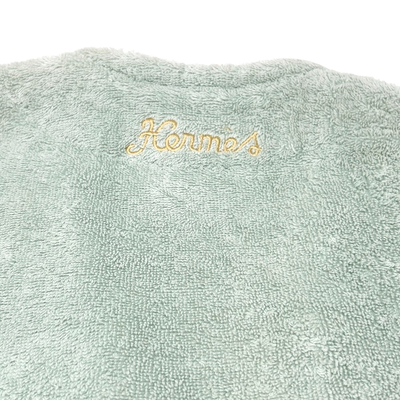 HERMES Vintage Logo Echapee Toggle Button Bathrobe #XS Green Cotton Terry Cloth