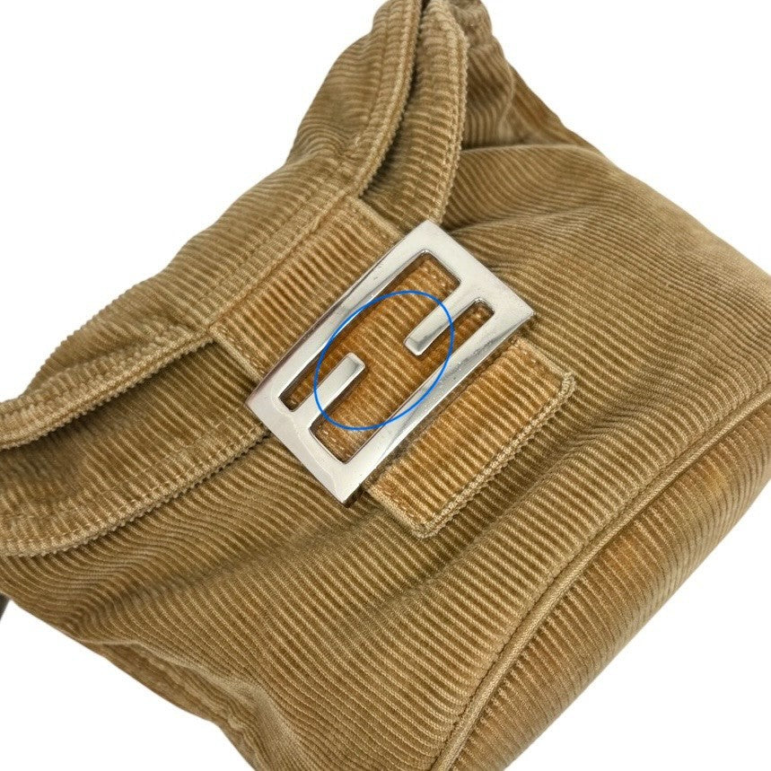 FENDI Vintage FF Logo Mamma Baguette Mini Shoulder Bag Beige Corduroy 901886