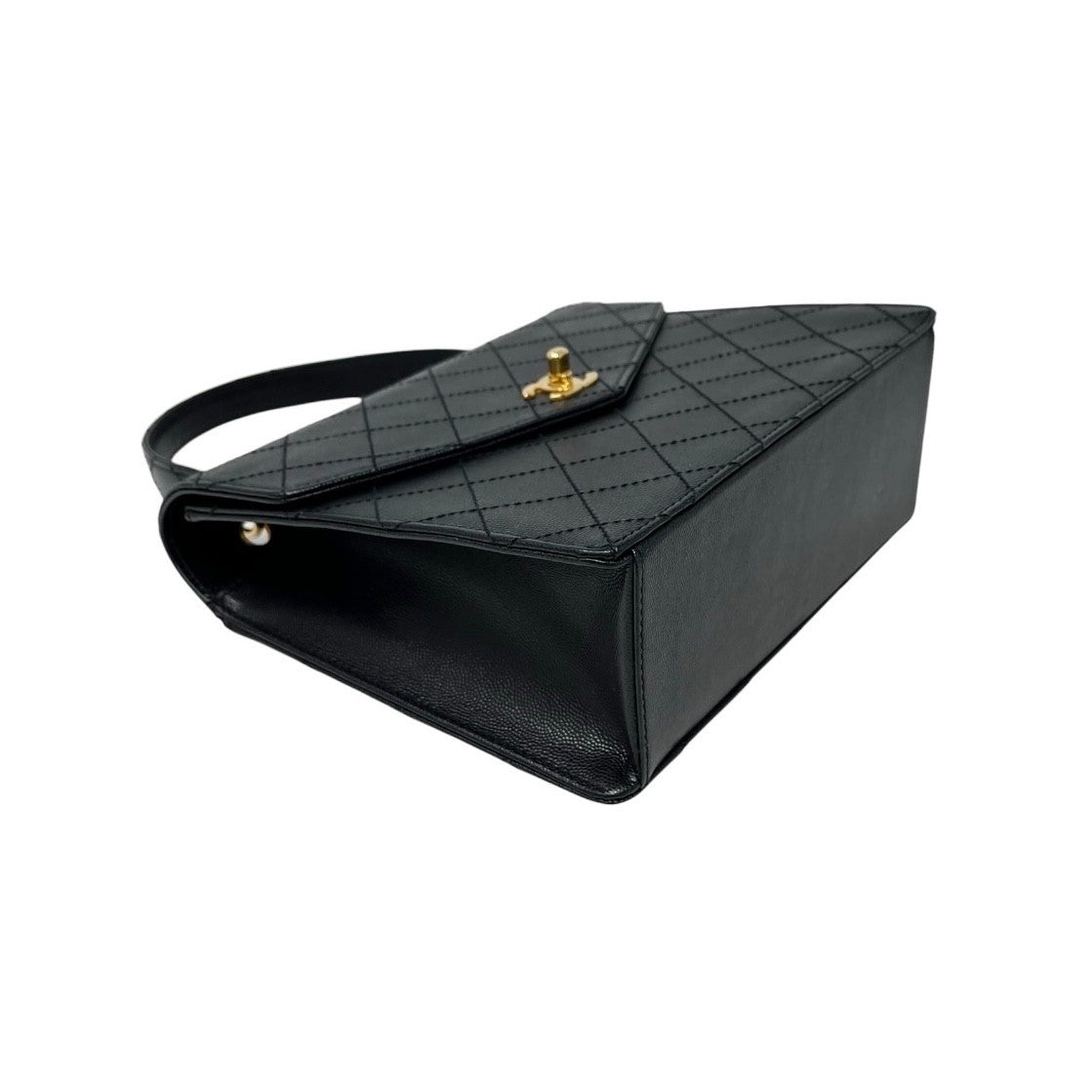 CHANEL Vintage CC Logo Turnlock Quilted Top Handle Bag Black Gold Leather