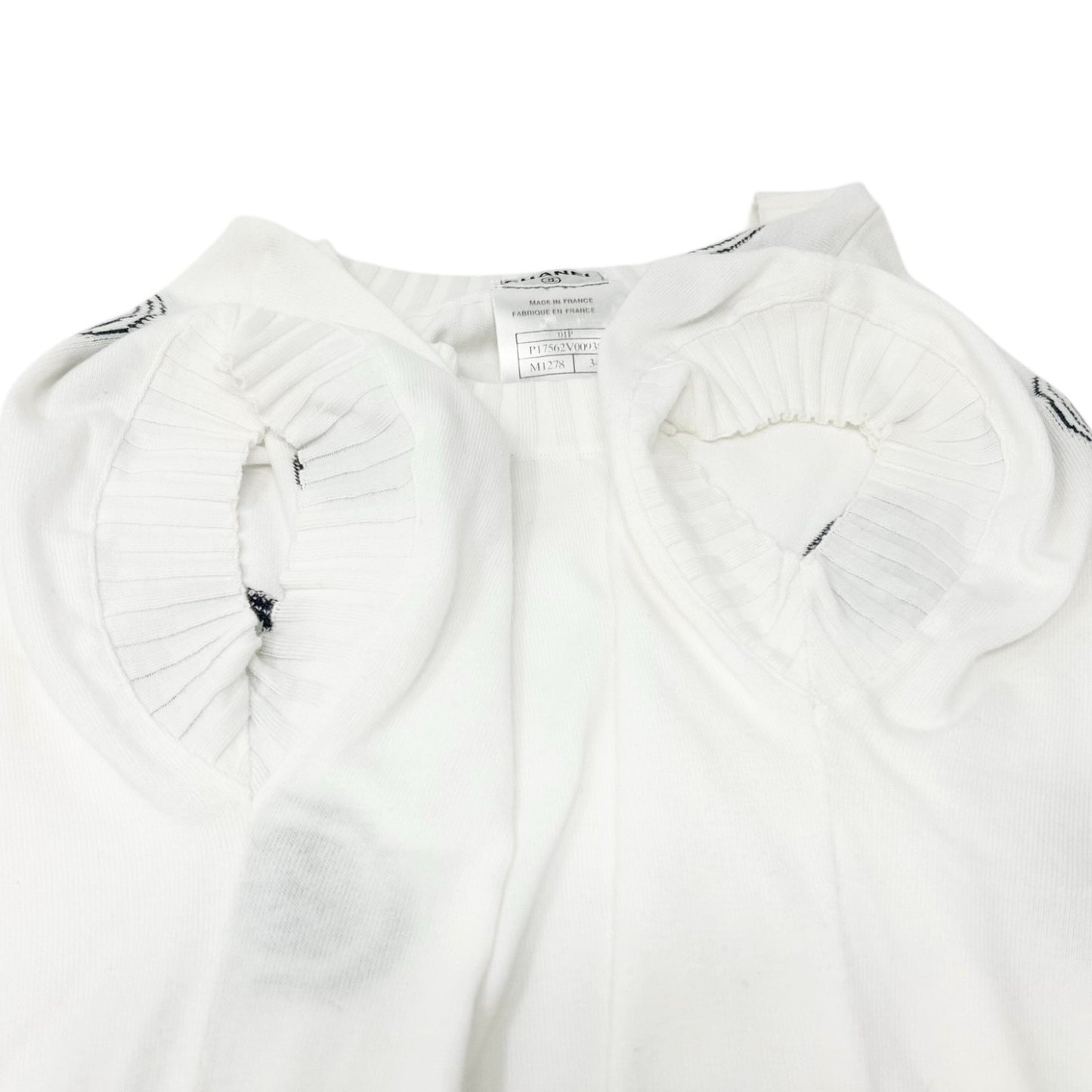 CHANEL Vintage 01P CC Logo T-shirt Top #34 White Blue Cotton Rib short sleeve