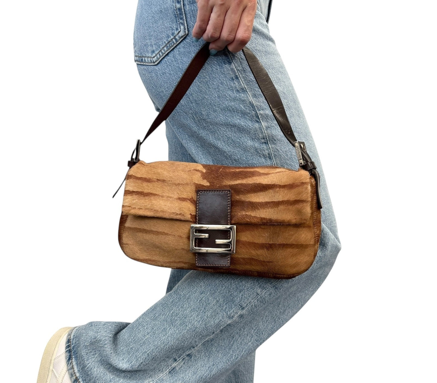 FENDI Vintage Mamma Baguette Pony Calf Hair Shoulder Bag Brown Beige 901889