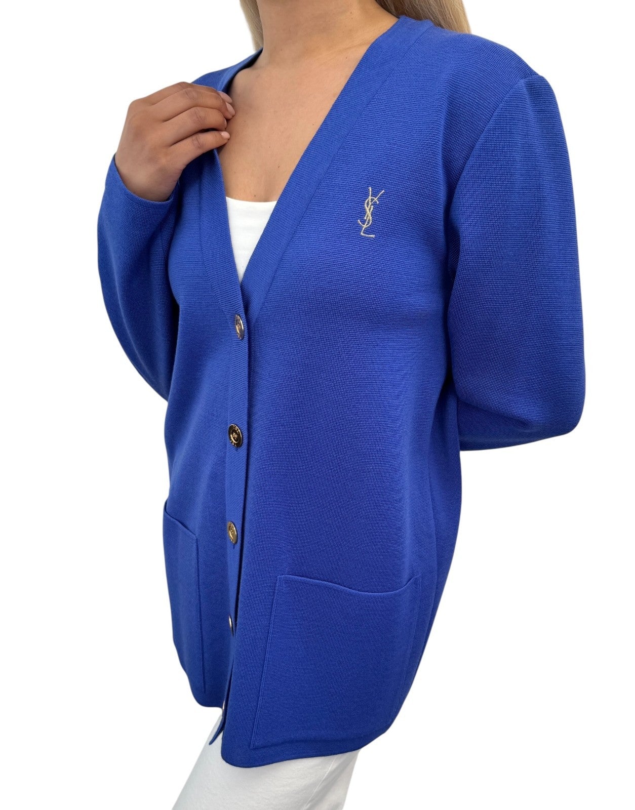 Yves Saint Laurent Vintage YSL Logo Cardigan Top Sweater #M Button Blue