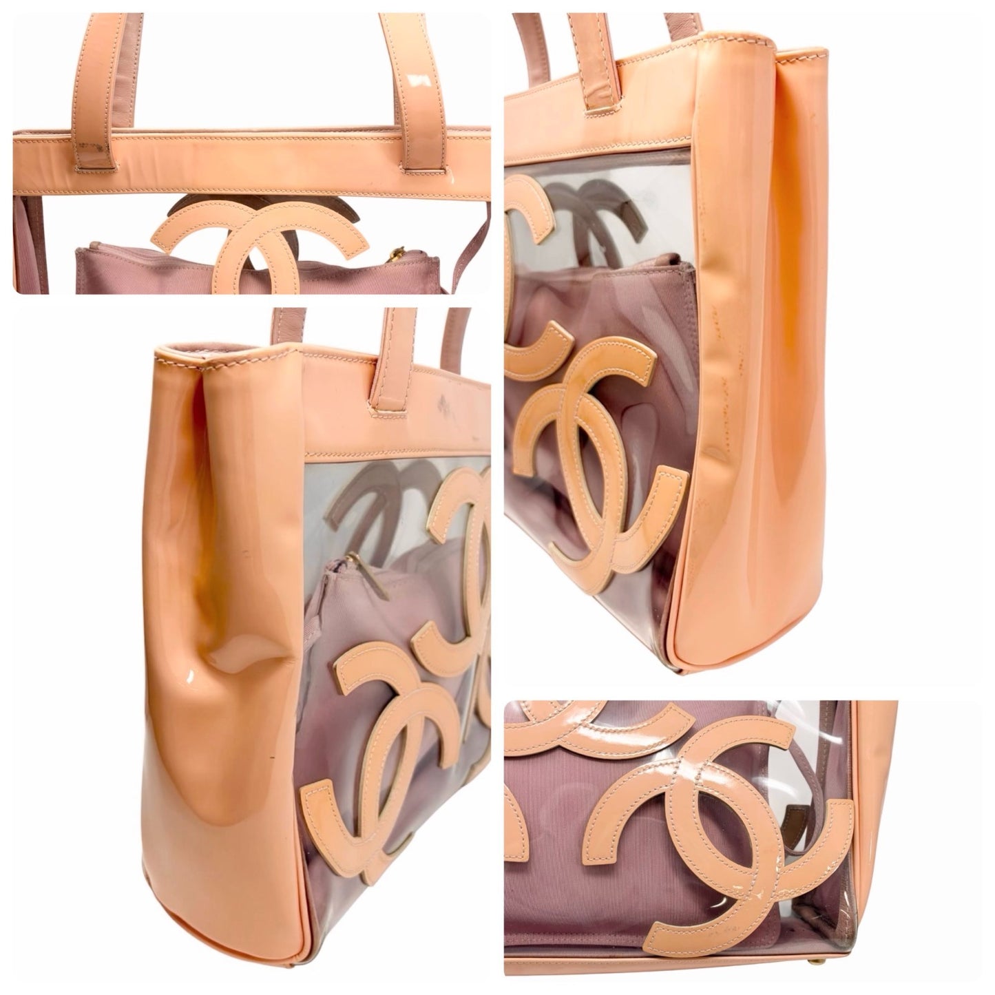 CHANEL Vintage Triple CC Logo Clear Tote Shoulder Bag Pink Beige Pouch 902078