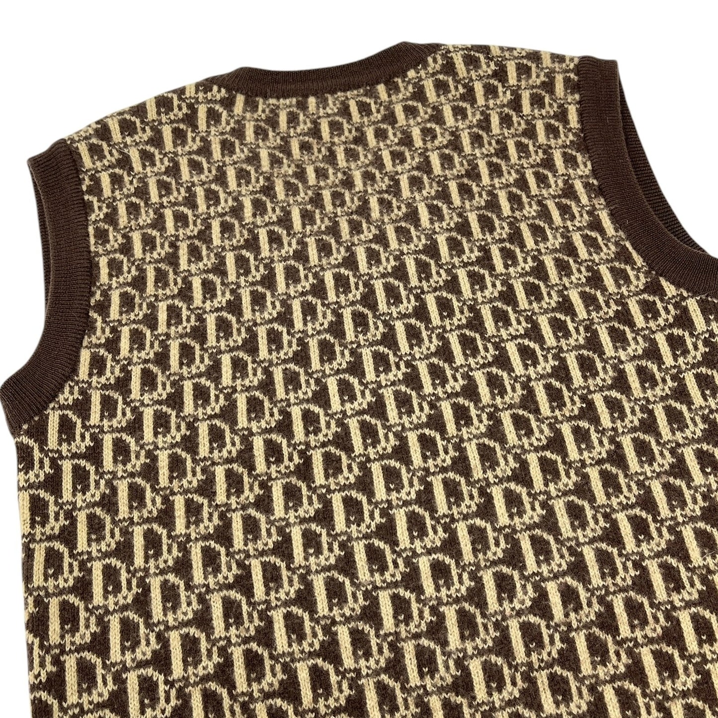 Christian Dior Vintage Trotter Monogram Logo Knit Vest V-neck Brown Beige Wool