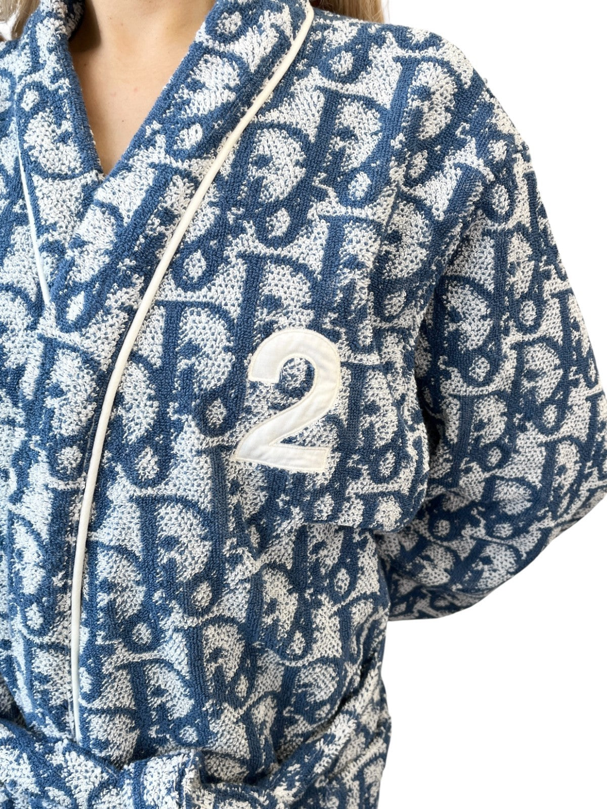 Christian Dior Vintage Trotter Monogram Logo Bathrobe #L Terry Cloth Blue White