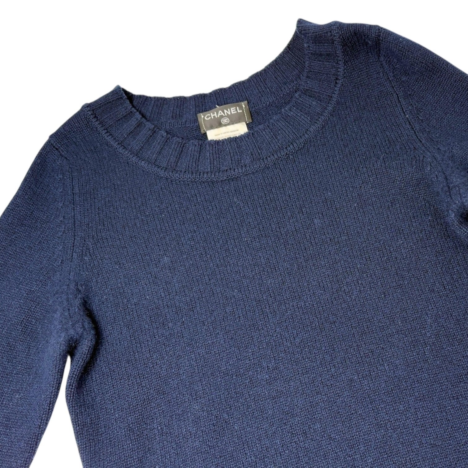 CHANEL Vintage P44576 CC Mark Logo Cashmere Knit Sweater Top #36 Dark Blue Navy