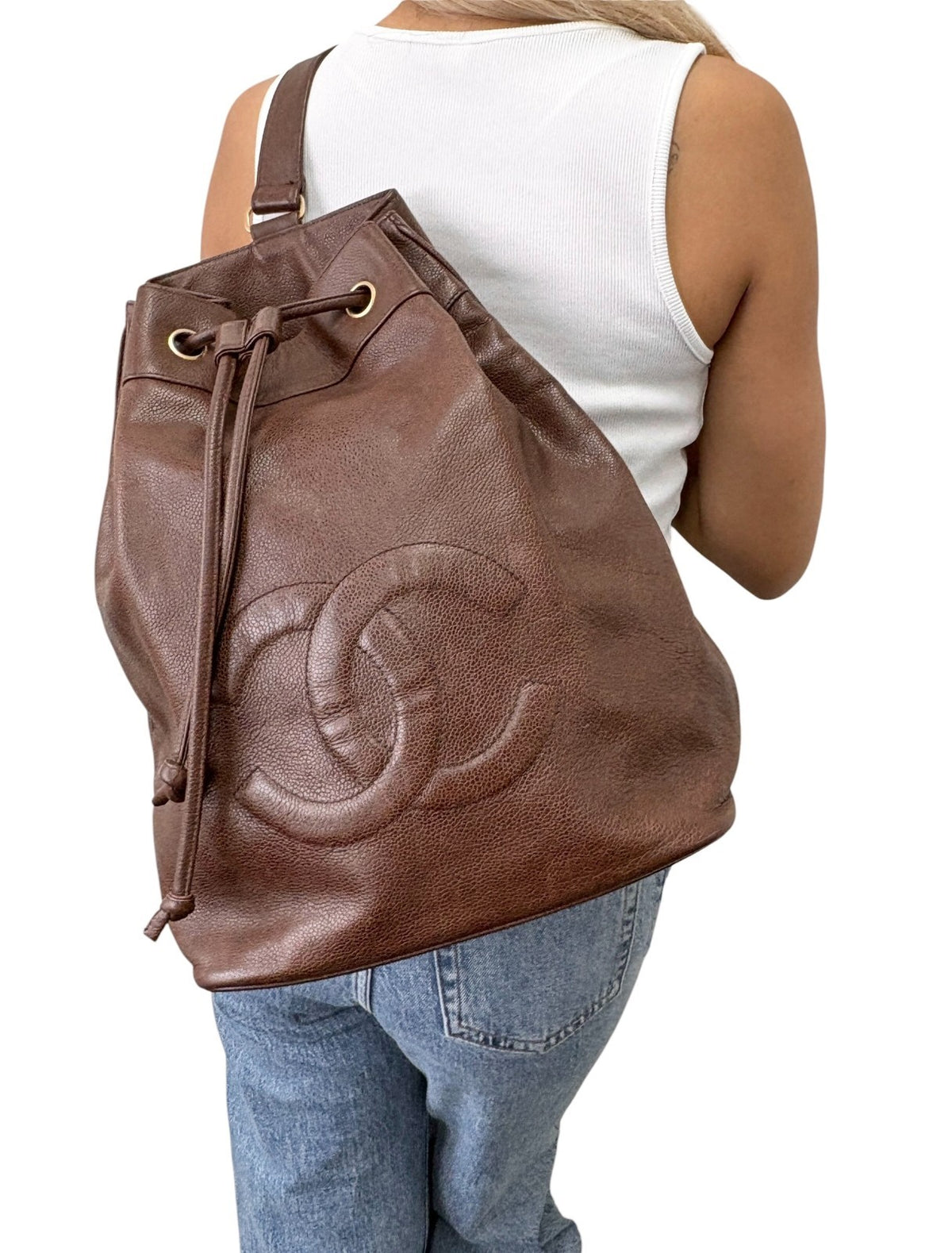 CHANEL Vintage CC Logo Drawstring Backpack Bag Brown Gold Leather 902312