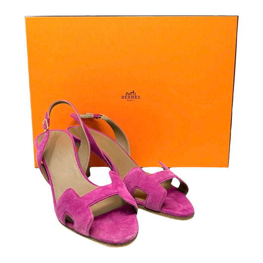 HERMES Vintage H Logo Night Suede Slingback Sandals Heels #37.5 Pink Beige