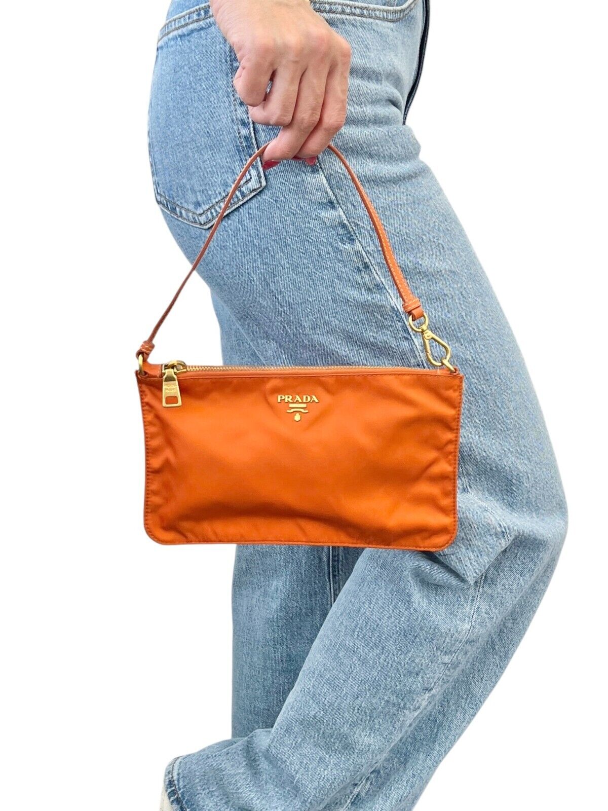 PRADA Vintage Logo Mini Shoulder Bag Pochette Pouch Orange Nylon Zip Leather