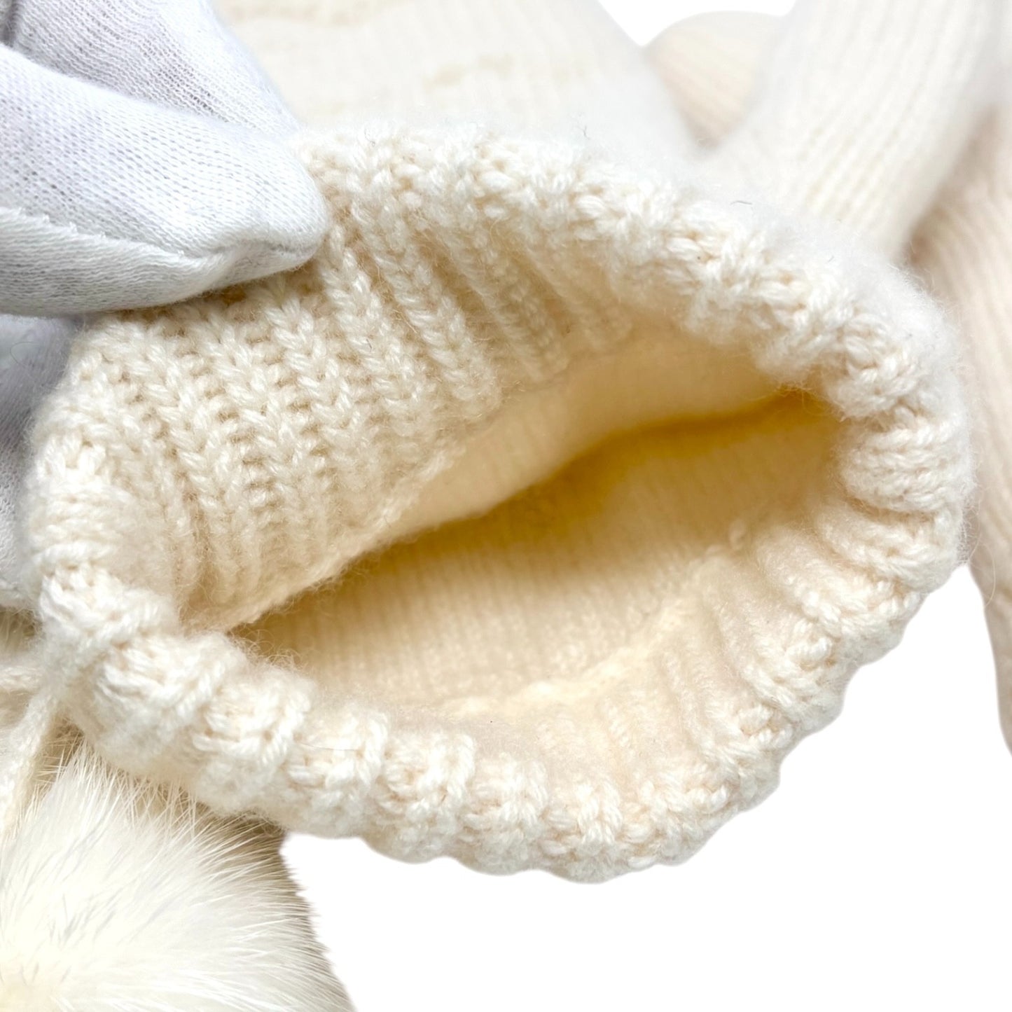 LOUIS VUITTON Vintage Cashmere Knit Gloves Mittens Mink Pompons Cream LV Logo