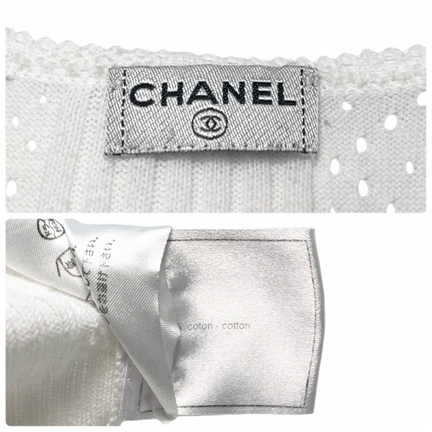 CHANEL Vintage 05C CC Logo Rib Lace T-shirt Top White Cotton Pockets 106999