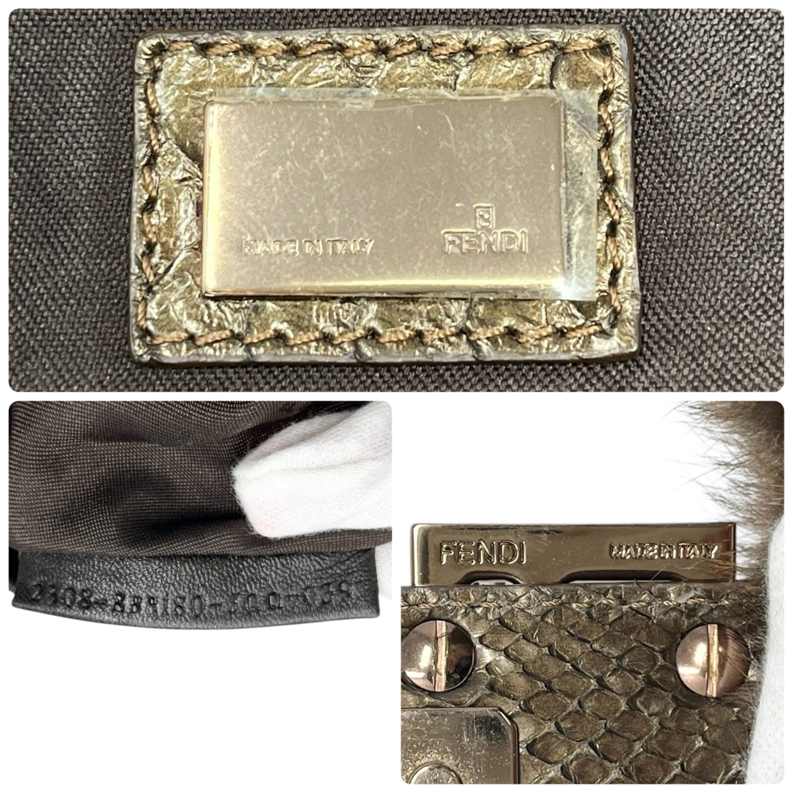 FENDI Vintage FF Logo Fur Mini Mamma Baguette Shoulder Bag Brown Gold Leather
