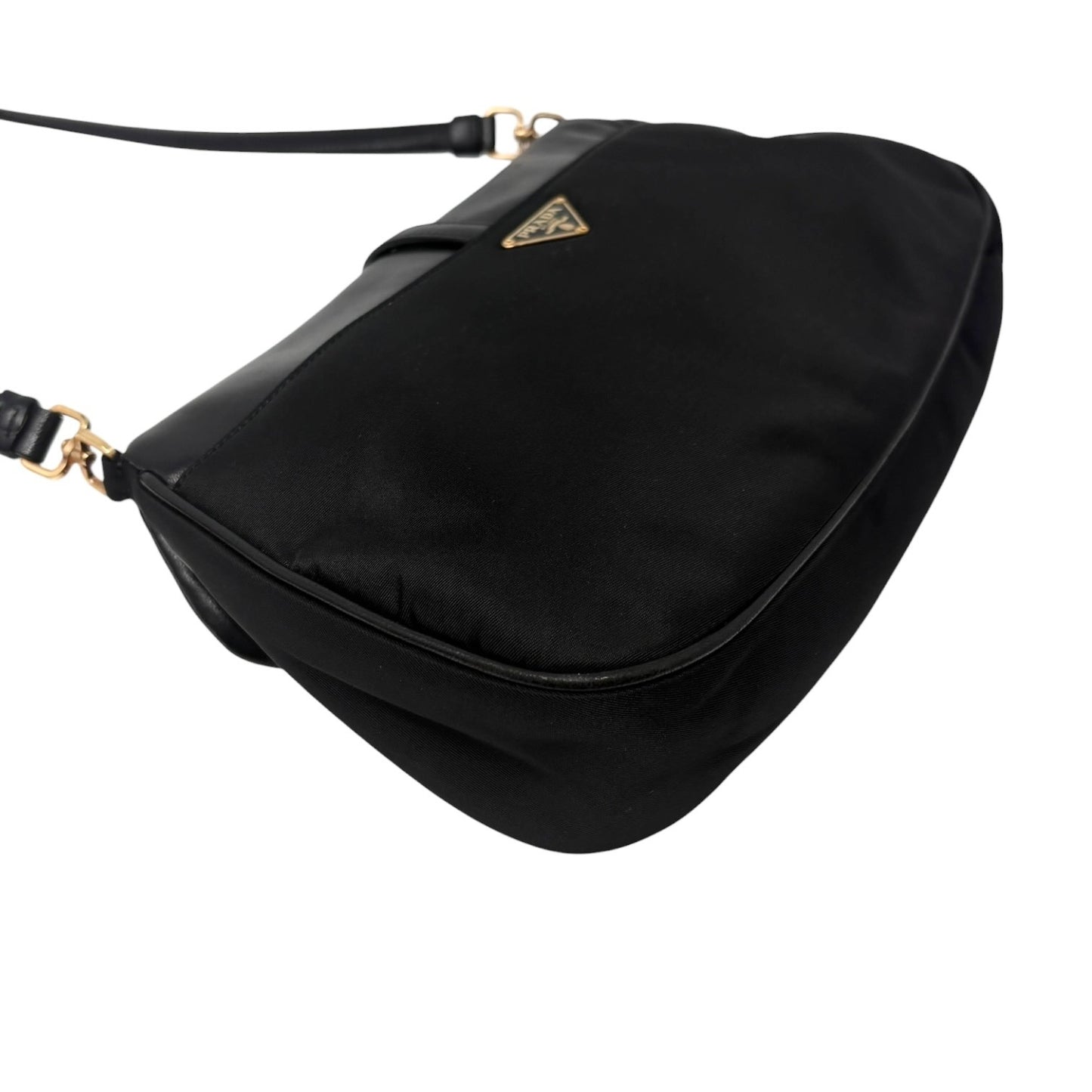 PRADA Vintage Triangle Logo Tessuto Nylon Shoulder Bag Black Leather 901925