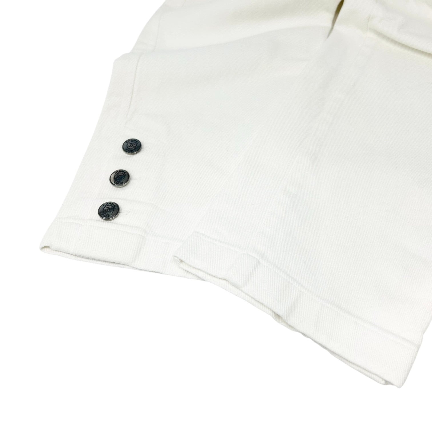 CHANEL Vintage 97C CC Logo Denim Pants #38 White Silver Cotton Stitch Pocket