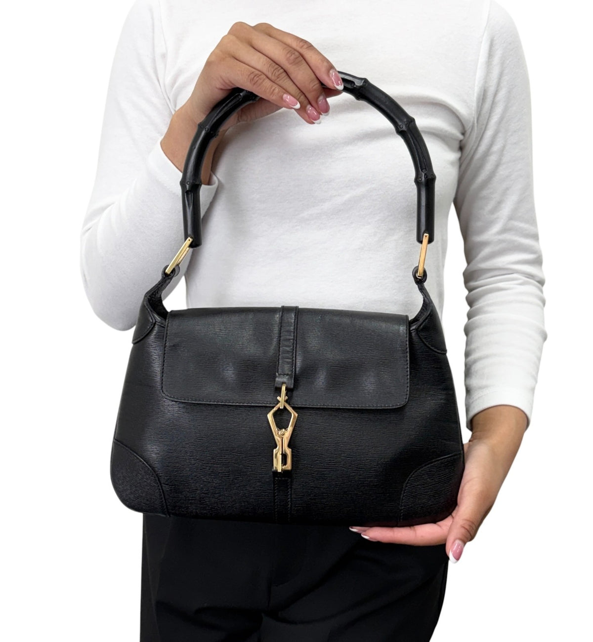 GUCCI Vintage Bamboo Jackie Shoulder Top Handle Bag Black Gold Leather 902332