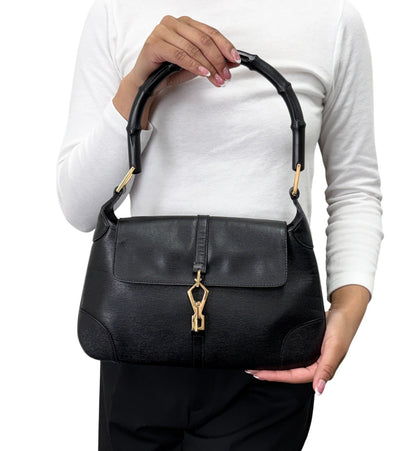 GUCCI Vintage Bamboo Jackie Shoulder Top Handle Bag Black Gold Leather 902332