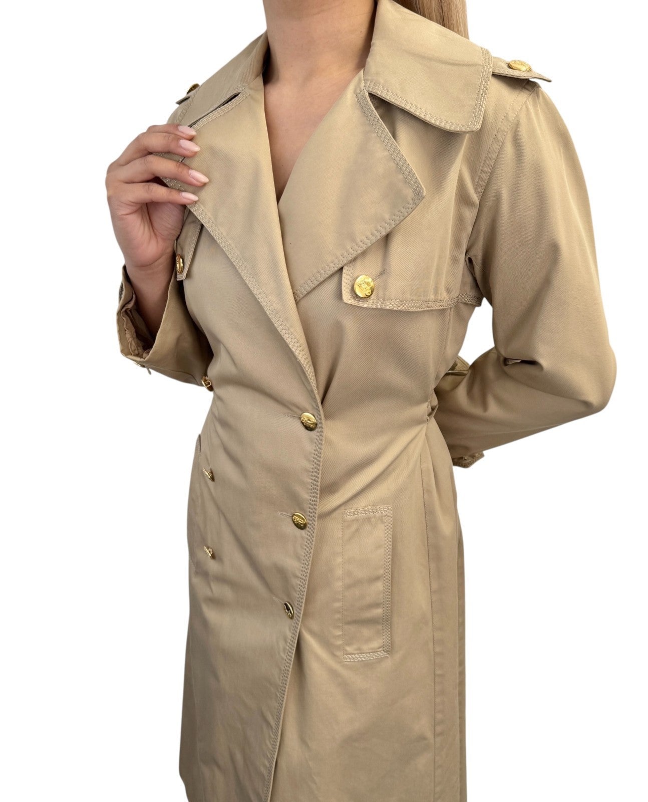 CELINE Vintage Trench Coat Jacket #M Beige Cotton Gold Logo Button