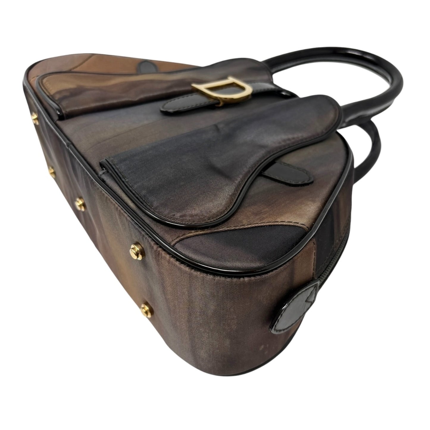 Christian Dior Vintage Double Saddle Bag Geometric Brown Nylon Patent 902265
