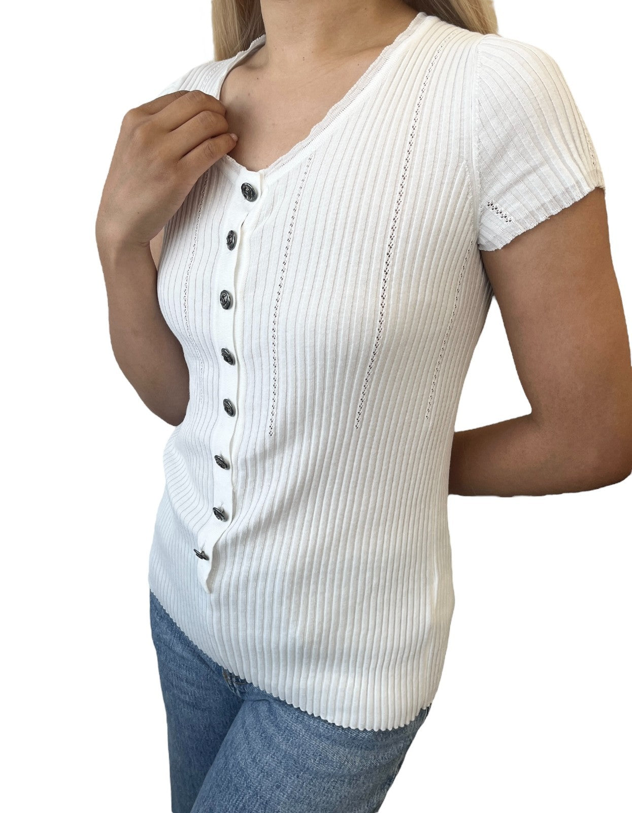 CHANEL Vintage 08P CC Mark Logo Rib Knit T-shirt Top #38 White Gray Cotton