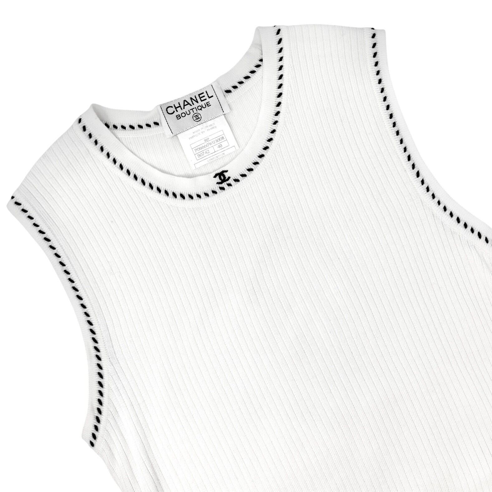 CHANEL Vintage 96P CC Logo Knit Tank Top #40 White Black Cotton Stitch