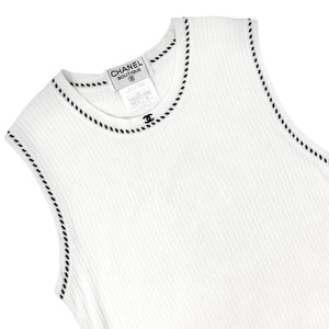 CHANEL Vintage 96P CC Logo Knit Tank Top #40 White Black Cotton Stitch