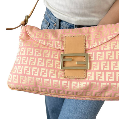 FENDI Vintage Zucchino Pochette Shoulder Bag Pink Yellow Canvas Leather 106545