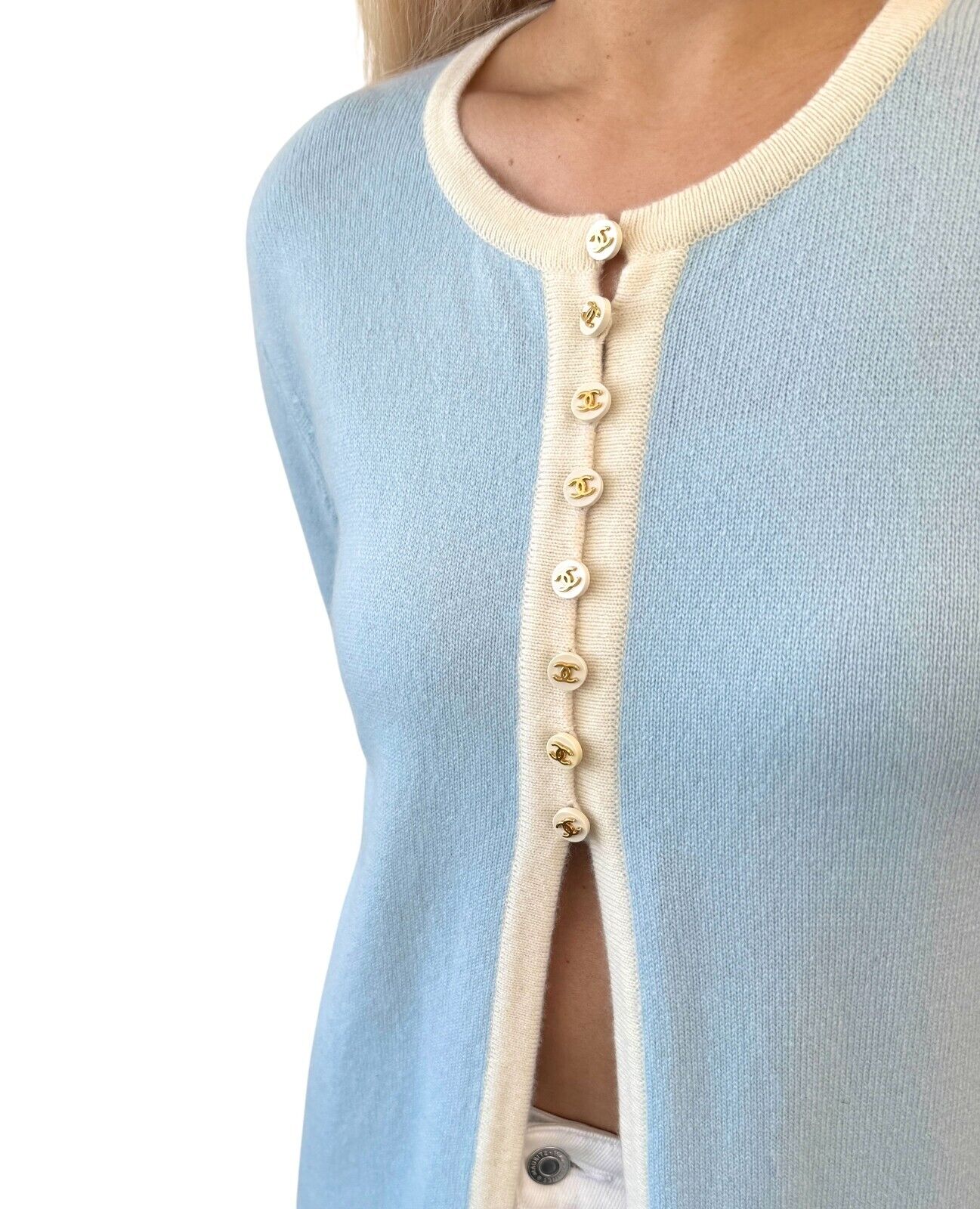 CHANEL Vintage 96C CC Logo Knit Cardigan #40 Sweater Light Blue Cashmere