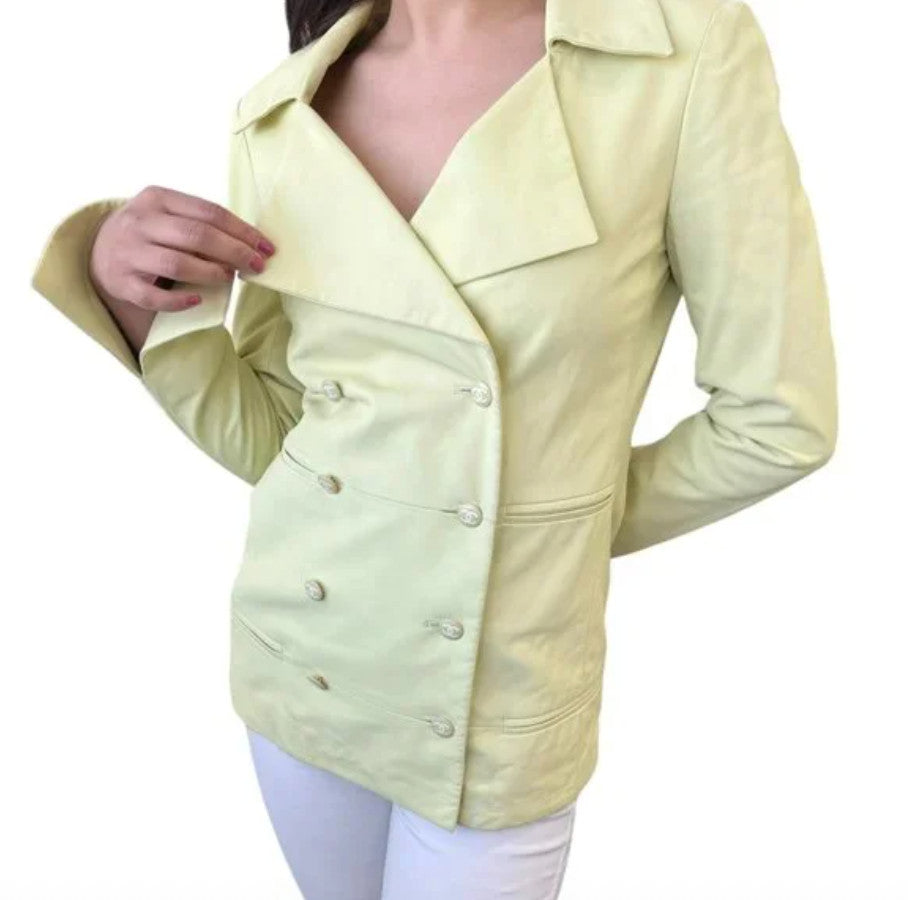 CHANEL Vintage 04C CC Mark Button Leather Jacket #36 Lambskin Lime Yellow