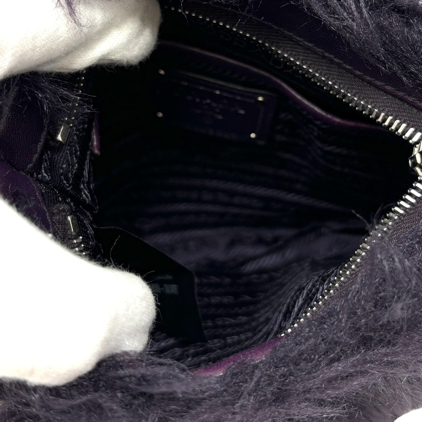 PRADA Vintage Logo Fur Chain Crossbody Bag Purple Silver Zip Leather Rank AB