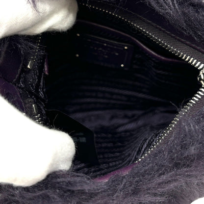 PRADA Vintage Logo Fur Chain Crossbody Bag Purple Silver Zip Leather Rank AB