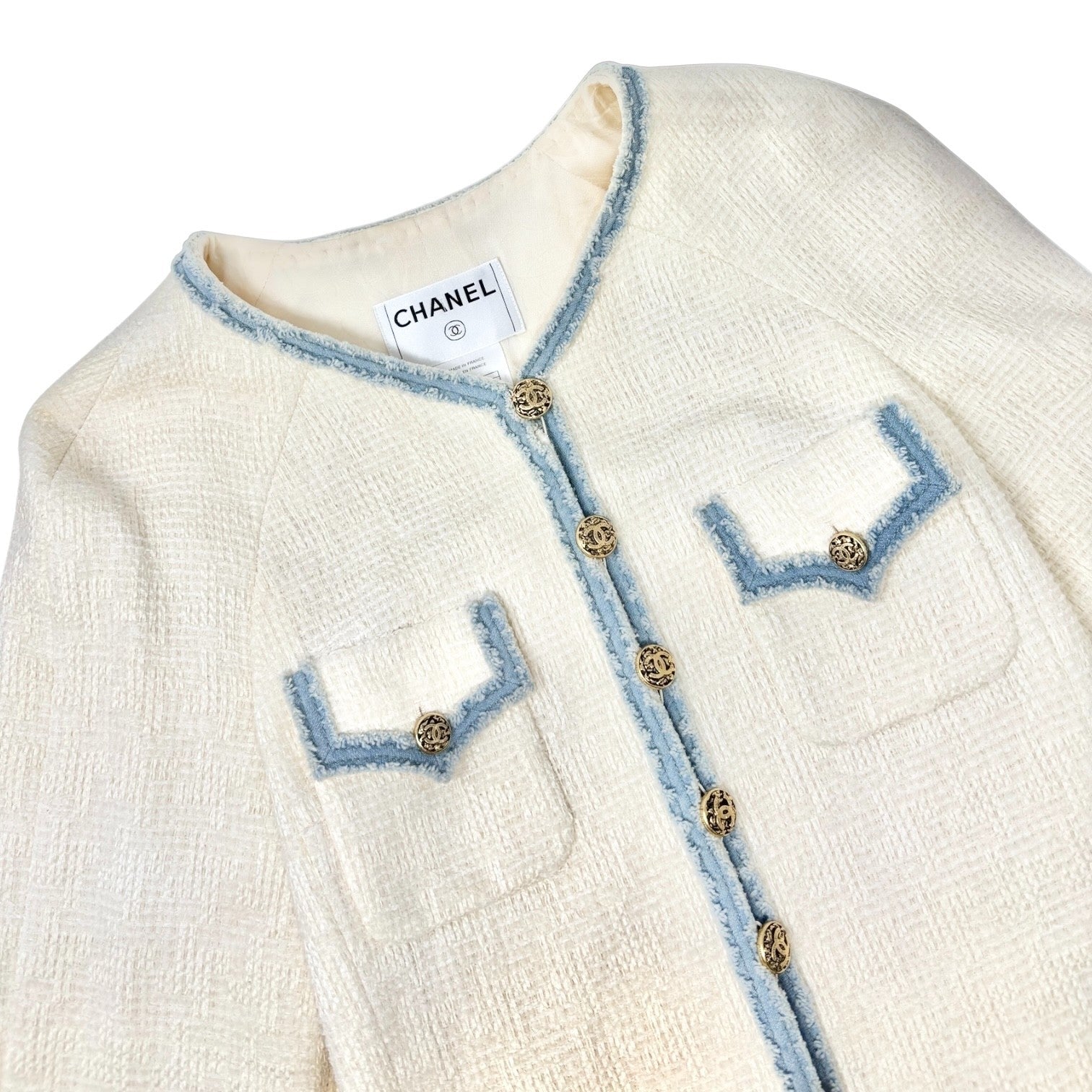 CHANEL Vintage 07P CC Logo Tweed Long Jacket Trim Denim #42 Blue White Button