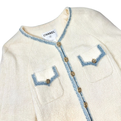 CHANEL Vintage 07P CC Logo Tweed Long Jacket Trim Denim #42 Blue White Button