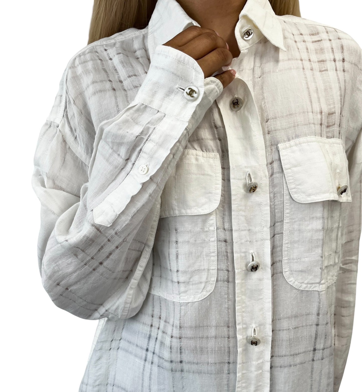 CHANEL Vintage CC Logo Checked Button Up Shirt #38 White Cotton Pocket 902289