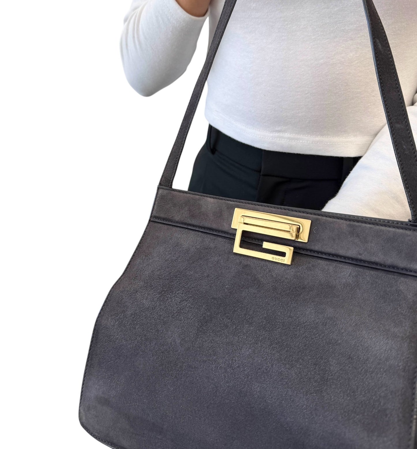 GUCCI Vintage G Square Logo Shoulder Bag Gray Gold Suede Leather 902248