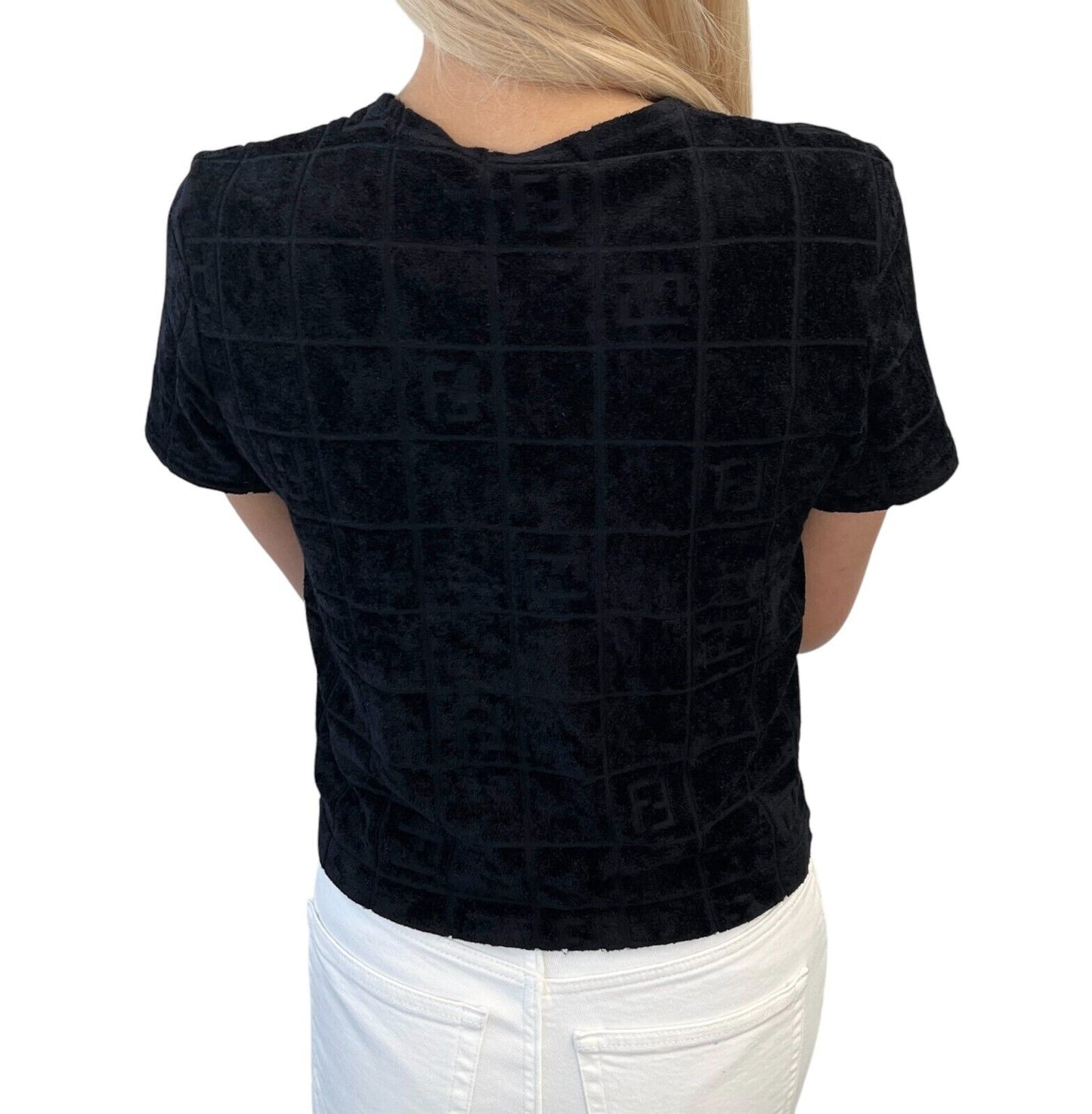 FENDI Vintage FF Logo Velour Short Sleeve Top #46 Black Rayon T-shirt