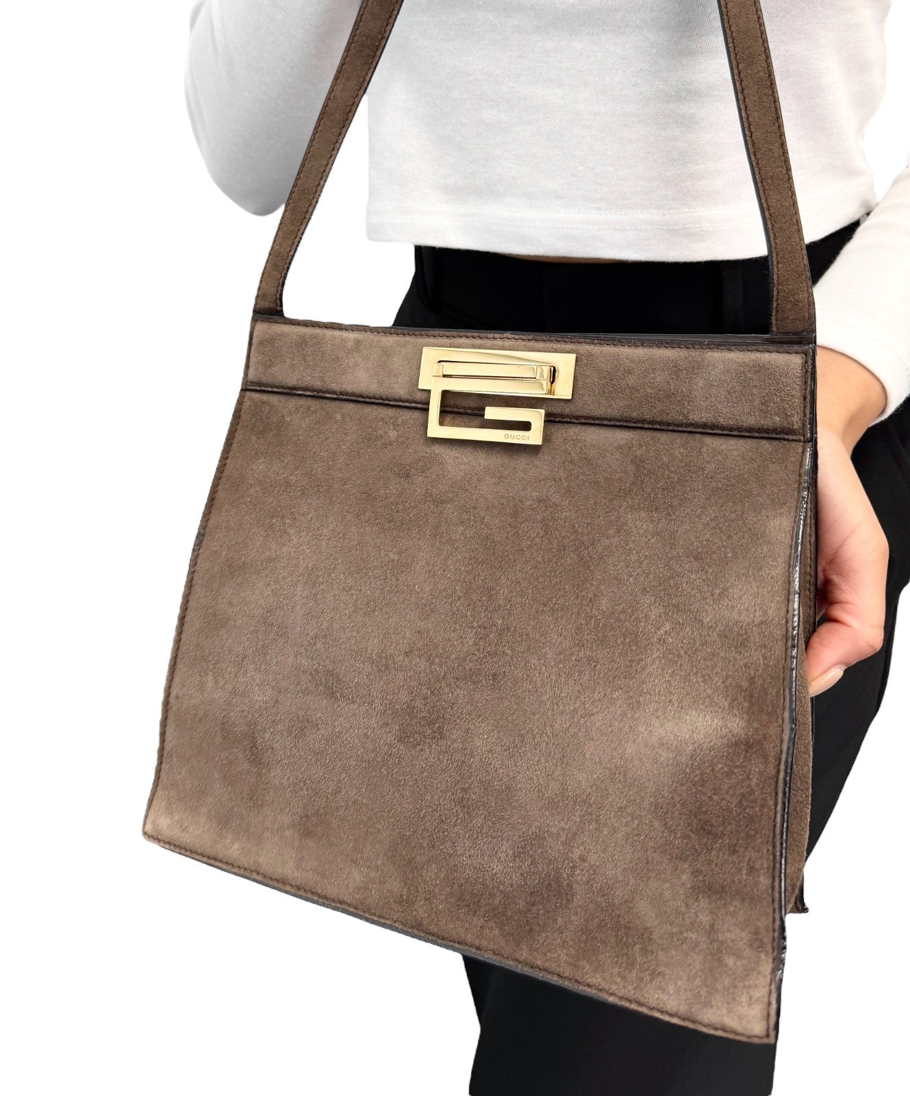 GUCCI Vintage G Square Logo Shoulder Bag Brown Gold Suede Leather 902021