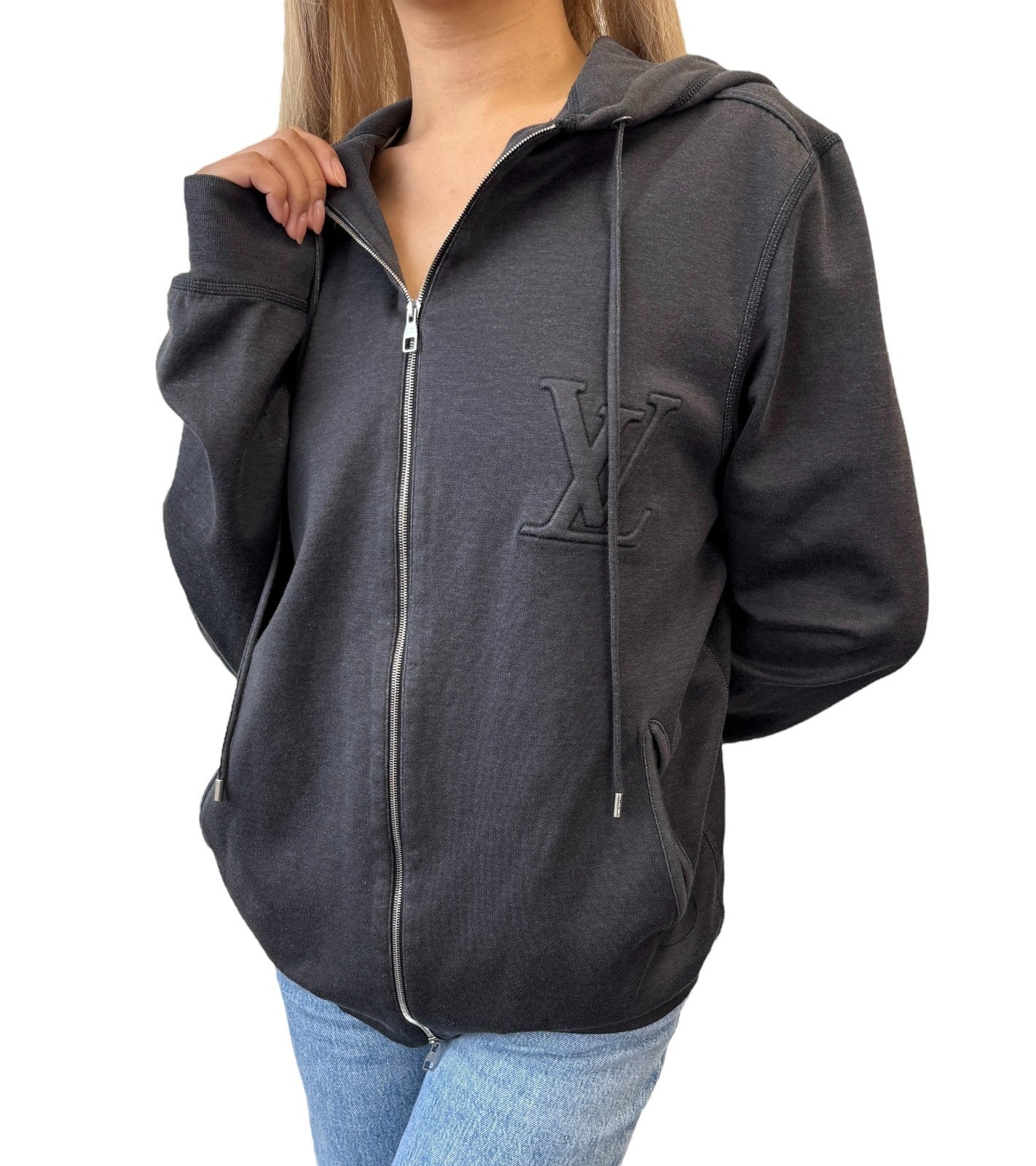LOUIS VUITTON Vintage LV Logo Full Zip Up Hoodie Jacket Top #S Black Gray Cotton