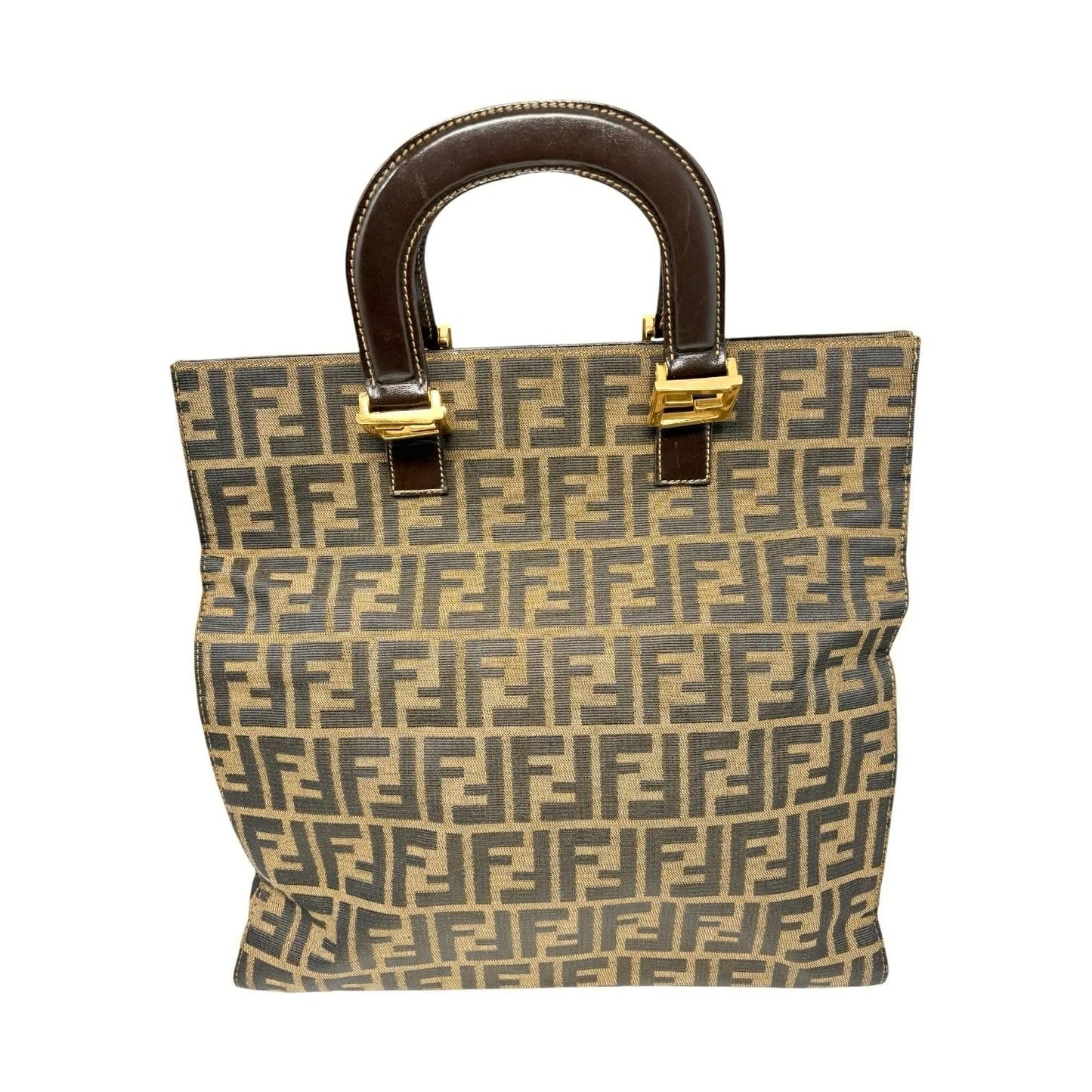 Fendi Vintage Zucca Canvas Tote Bag FF Logo Monogram Brown Gold Leather