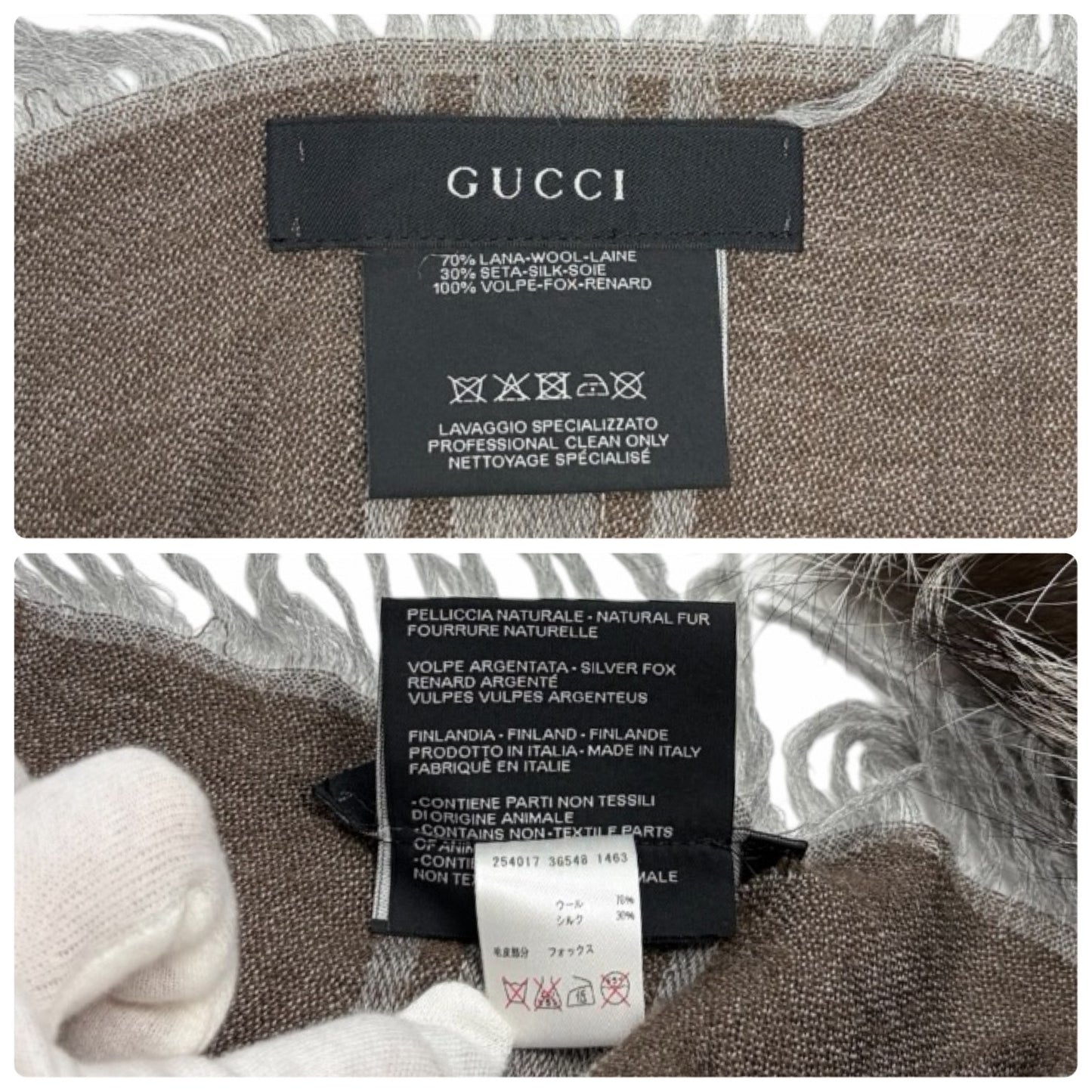 GUCCI Vintage GG Logo Monogram Fox Fur Shawl Scarf Wrap Gray Brown Wool 902253