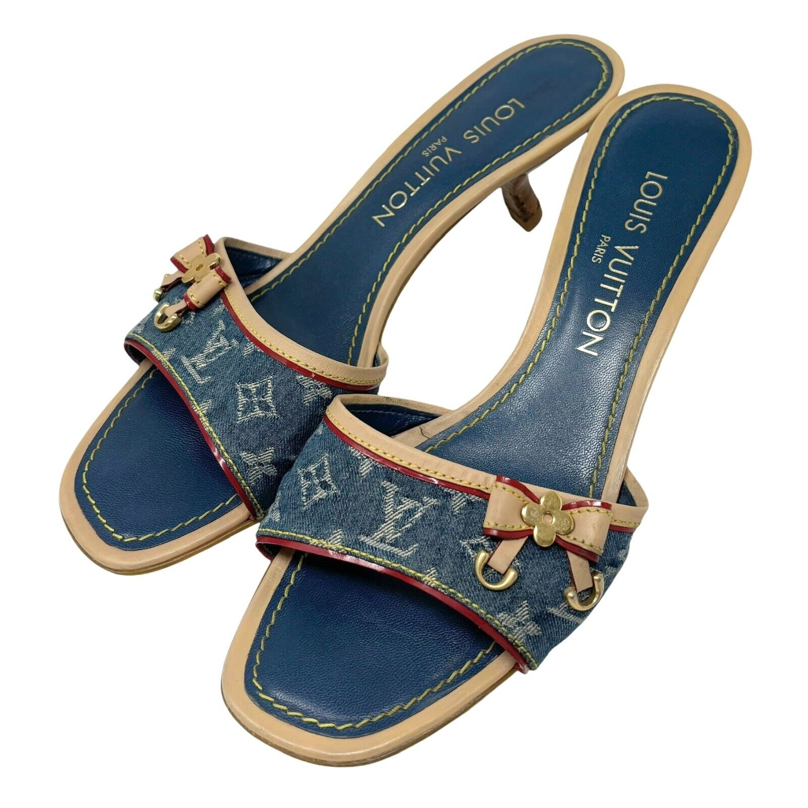 LOUIS VUITTON Vintage LV Monogram Denim Sandals #36.5 US 6.5 Blue Red Rank AB