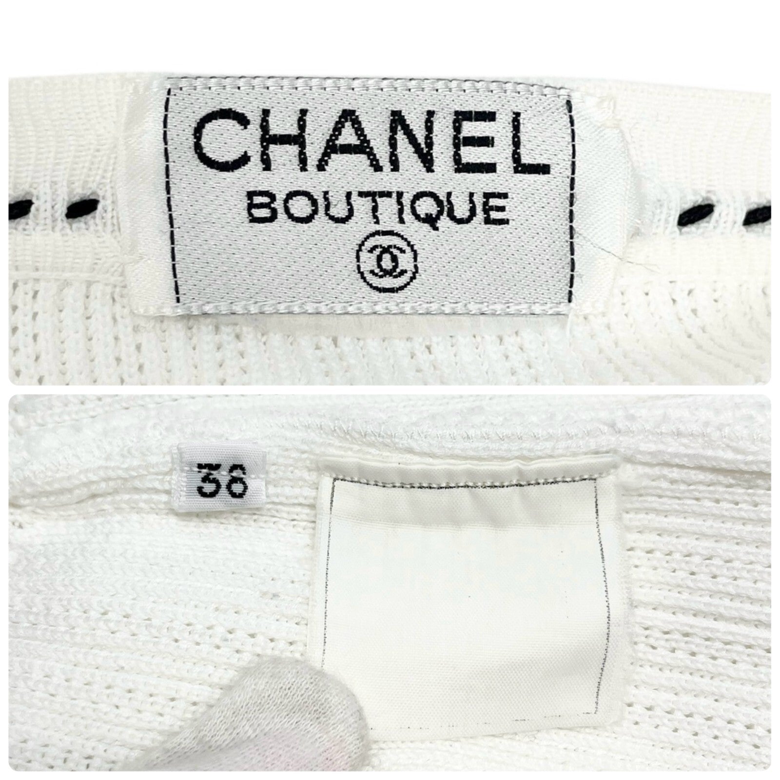 CHANEL Vintage 96P CC Logo Rib Knit Cardigan #38 Top Stitch White Black Cotton