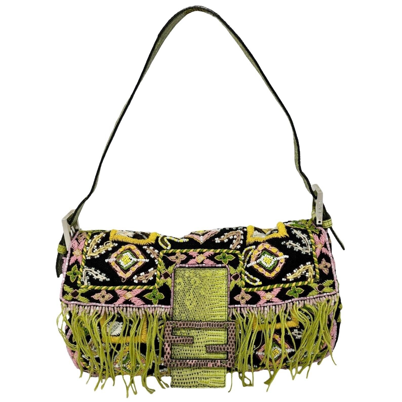 FENDI Vintage Beads Mamma Baguette Shoulder Bag Light Green Pink Wool Rank AB