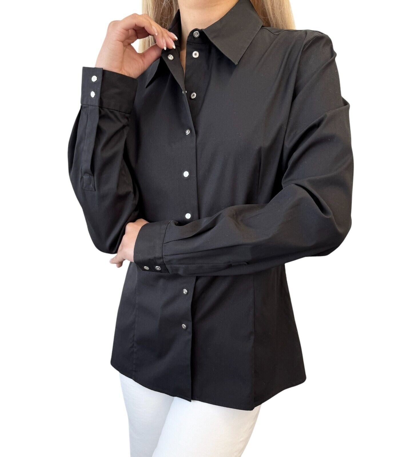 CELINE Vintage Logo Button Up Shirt #40 Blouse Top Black Silver Cotton